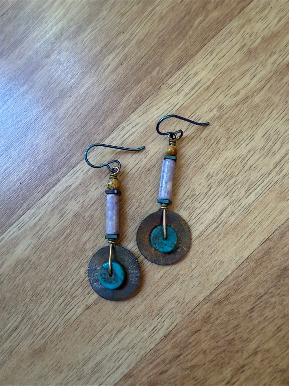 Rustic Patina Teal and Lavender Drop Earrings